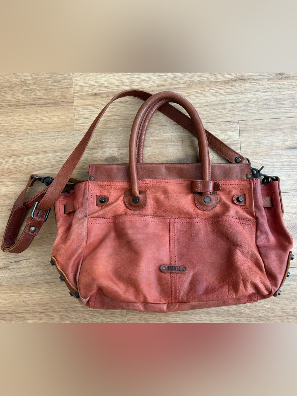 FRYE Brooke Studded Leather Satchel Crossbody Purse Bag Burnt Orange / Brick Red